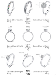 Detailed catalog of S925 sterling silver rings with various cubic zirconia stone settings