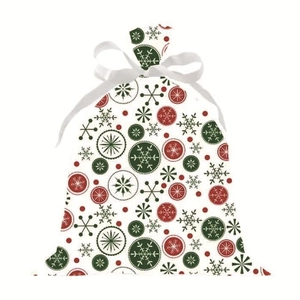 Christmas drawstring gift bag with red and green snowflake patterns on white fabric