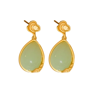 New Chinese style drop earrings with light green jade resin and golden cloud studs