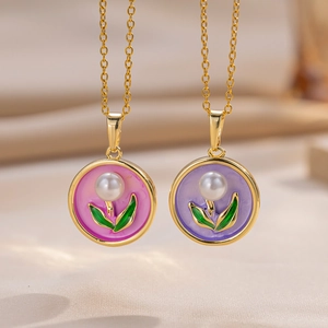 Tulip Pendant Necklace French Vintage Enamel Flower Faux Artificial Pearl Titanium Steel Chain Elegant Jewelry For Women