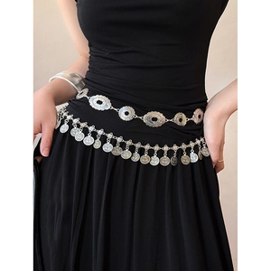 Élégante chaîne de taille multicouche en métal argenté avec pendentifs ronds pour femmes
