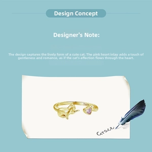 Detail of S925 sterling silver playful cat ring with pink heart gemstone and open band