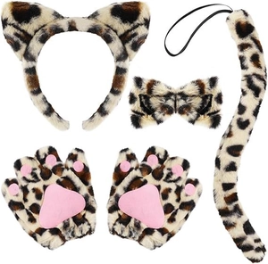 Leopard print faux fur cosplay set with ears headband, bow tie, tail, and paw gloves