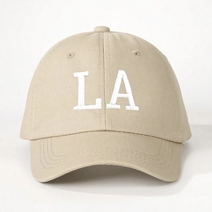 Classic khaki baseball cap with white LA embroidery and curved brim for outdoor sun protection
