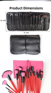 Detailed size chart for 24-piece professional makeup brush set with storage roll bag