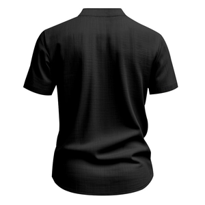 Rear view of black short sleeve linen shirt with stand collar on invisible mannequin