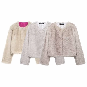 Women Faux Fur Jacket Short Elegant Long Sleeve Warm Round Neck Fashionable Faux Fox Fur Outerwear