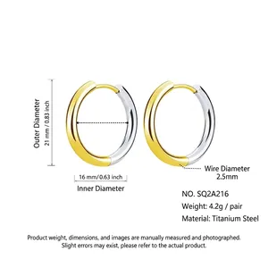 Two-tone titanium steel hoop earrings with 21mm outer diameter and minimalist design