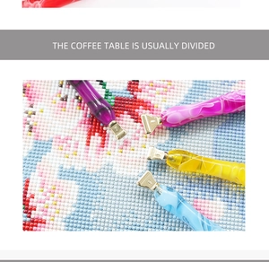 Detailed macro view of four resin diamond painting pens with multi-size metal nibs