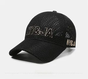Detail of black breathable mesh baseball cap with gold NY&JA 3D embroidery