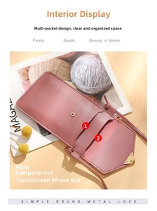 Pink multi-pocket crossbody phone purse with golden metal lock and touchscreen window