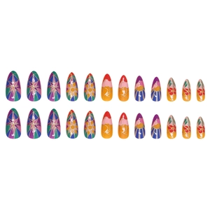 Set of 24 almond gothic press-on nails with colorful floral and star pattern designs