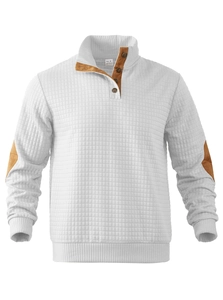 Close-up of white knitted sweatshirt showing buttoned stand collar and textured fabric