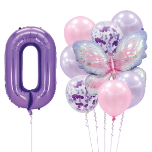 Pink and purple butterfly balloon set with large number 0 foil balloon for kids birthday