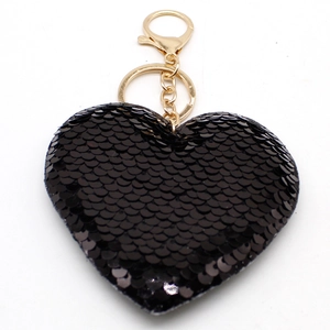 Sparkling black sequin heart keychain with golden metal clasp for handbag decoration