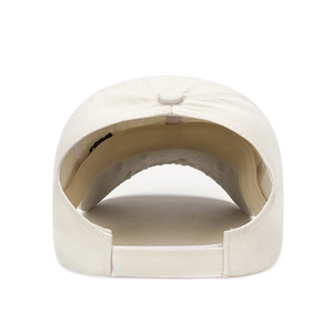 Beige high ponytail baseball cap for women with adjustable velcro strap on white back