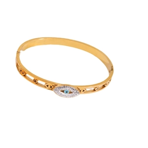 Golden titanium steel Evil Eye bracelet with blue crystal and hollow design details