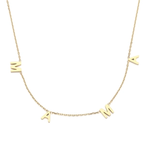 Golden stainless steel MAMA letter pendant necklace on a clean white background