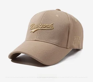Detail view of khaki baseball cap with New York embroidery and clean stitch texture