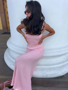 Detail showing the pink ribbed knit texture and diamond weave pattern on this summer dress