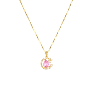 Pink heart pendant necklace with golden moon and bow accents for women