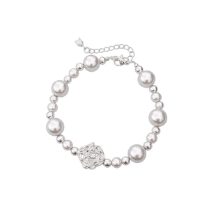 French pearl beaded bracelet with zircon flower pendant and adjustable silver chain