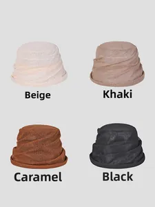 Lace bucket hat set in four colors: beige, khaki, caramel, and black with subtle texture