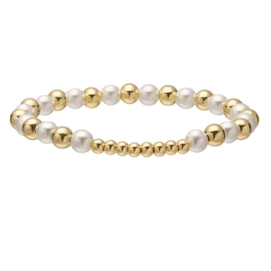 Elegant beaded bracelet with white pearls and gold metal beads on a clean white background