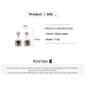 Detailed technical specifications for zircon flower drop earrings with size and weight info