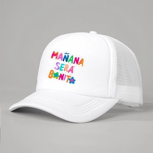 White trucker hat with MAÑANA SERÁ BONITO colorful print and breathable mesh back