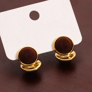Elegant 18K gold plated round flocked stud earrings in deep brown velvet finish