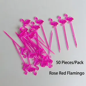 Bulk pack of 50 bright pink flamingo plastic cocktail picks for fruit and party decoration