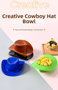Detailed view of colorful cowboy hat shaped snack bowls in brown, black, blue and green