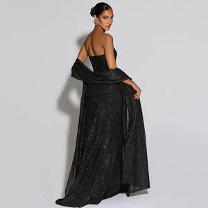 Elegant black sequin backless evening gown with matching shawl for formal events