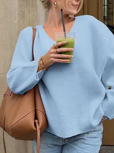 Women Knit Sweater V-Neck Long Sleeve Loose Fit Pullover Casual Acrylic Polyamide Blend Soft Warm Winter Jumper Top