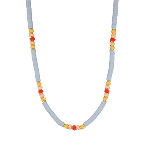 Detail of bohemian handmade necklace with colorful heishi beads and gold spacers