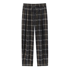 Women's Casual Plaid Pants Polyester Elastic High Waist Drawstring Loose Straight Leg Trousers