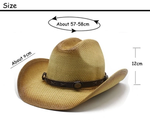 Vue détaillée des dimensions du chapeau de cowboy en paille avec bandeau en cuir