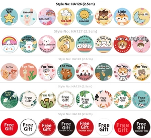 Close-up of 2.5cm round floral Thank You stickers with cute cartoon animal designs