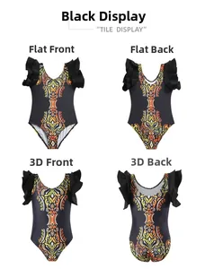 Detailed views of black girls' one-piece swimsuit with orange tribal print and ruffle sleeves