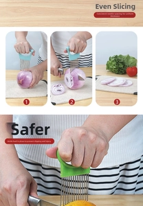 Detail of stainless steel onion holder showing slicing process on a wooden board