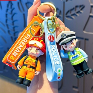 Cartoon Firefighter And Police Keychain PVC 3D Doll Bag Pendant With Wristband Occupation Career Theme Gift