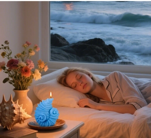 Blue conch-shaped scented candle with realistic ocean shell texture on a bedside table