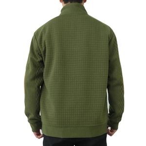 Back view of olive green quilted jacket for men with stand collar and textured sleeves