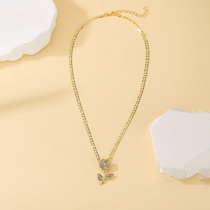 Elegant 18K gold plated rose flower pendant necklace with sparkling zircon pavé stones