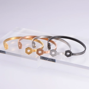Industrial style metallic hex nut open bangles in gold, silver, black, and rose gold finish