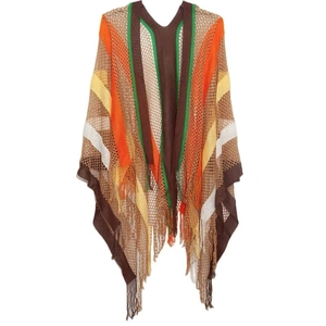 Women's colorful rainbow striped knit shawl with crochet mesh design and fringe tassel hem