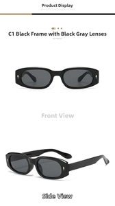 Detail of square sunglasses with black frame and golden diamond rivets on temples