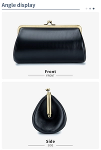 Front and side angle views of a vintage black leather clutch bag with gold metal frame
