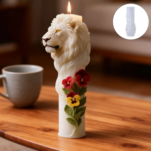 Bougie pilier à tête de lion 3D et fleurs avec son moule en silicone blanc